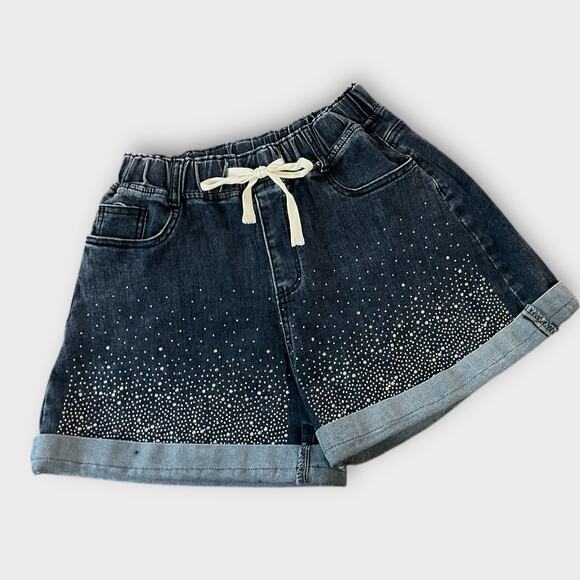 Girls Rhinestone Denim Shorts Sz XL Elastic Waist Drawstring Cuffed Sparkle Jean - Picture 1 of 7
